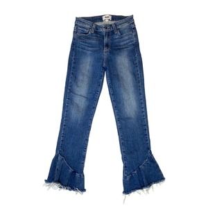 PAIGE Straight Leg Blue Jeans with Frayed Ruffle Bell Detailing
